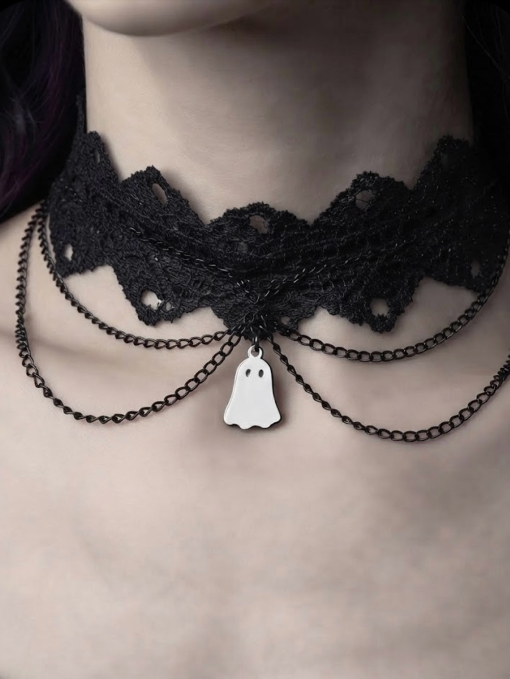 Hand Crafted Black Lace Choker Necklace with Ghost Charm